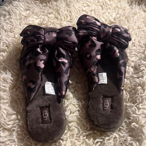 UGG Pink and Dark Brown Satin Bow Slide Slippers